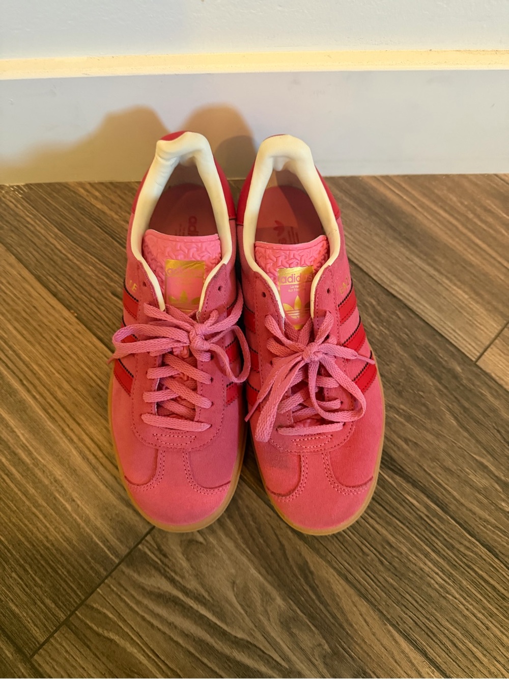 Youth six 6 Adidas Gazelles Pink Athletic Sneakers with Red Stripes